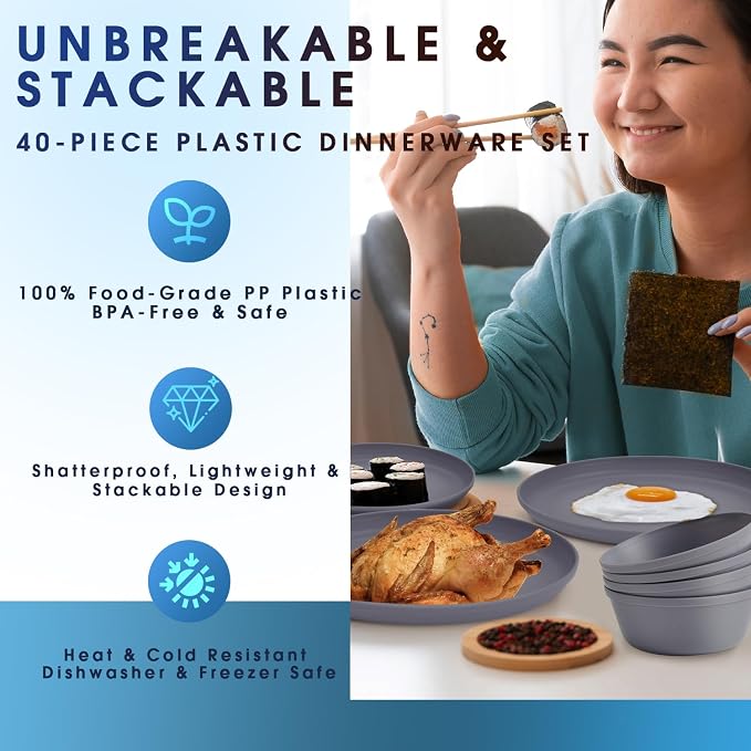 40 Piece Plastic Dinnerware Set for 8 with Cutlery, Unbreakable Plates and Bowls Set, Dishwasher & Microwave Safe Reusable Dish Set for Camping, RV, Outdoor Kitchen, Apartment Dining, Gray