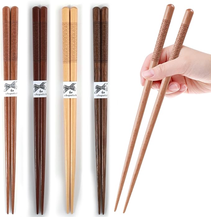 Reusable Chopsticks，GLAMFIELDS Japanese Natural Wooden 5 Pairs Hand-Carved Classic Style Lightweight Safe Chop Sticks 8.8 Inch/22.5cm Gift Set