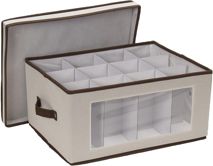 Household Essentials Wine Glass Storage Box in Strong Frame, Handles, Windowed Panel and 12 Compartments, Cream with Brown Trim