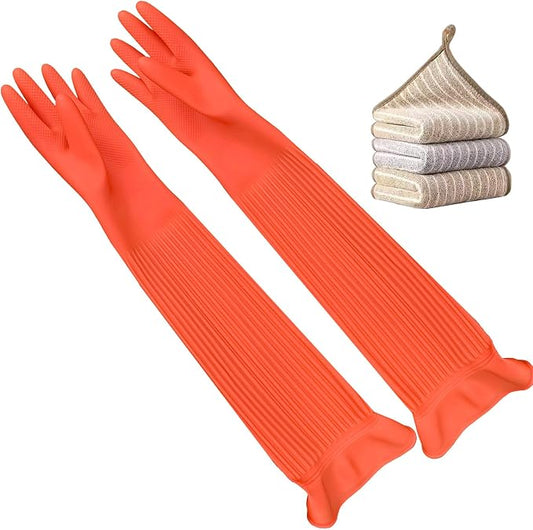 3 Pairs Household Extra Long Kitchen Gloves for Washing Dishes，20.05inches Rubber Cleaning Gloves，Reusable Latex Living Wash Gloves，Long Sleeves(Medium, Red)