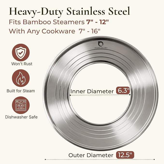 Stainless Steel Steamer Ring for Bamboo Steamer Basket 12-Inch | Fits 7 - 12 Inch Dumpling Steamer Baskets - Ring Adapter for Woks & Pots for Cooking Dim Sum, Rice, Bao Buns, Vegetables