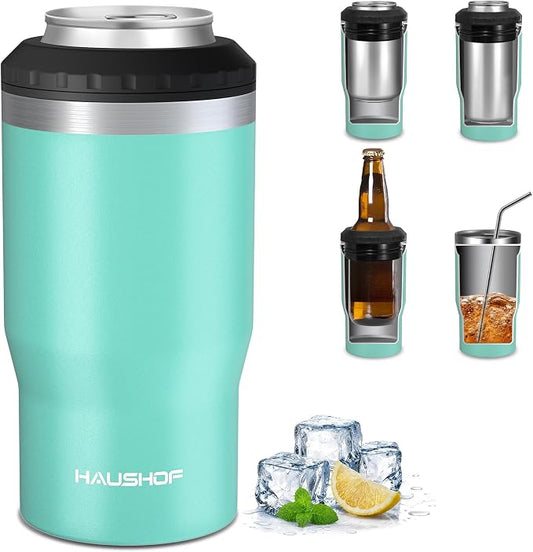 HAUSHOF 4-in-1 Insulated Can Cooler Fits 12oz Cans & Beer Bottle, Lake Blue | Double-Wall Vacuum Insulated, 18/8 Stainless Steel, BPA-Free Lid, Slim Can Cooler for Camping, Beach & Picnic