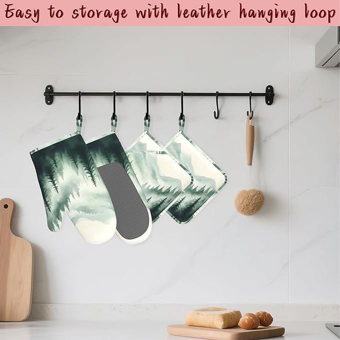 Misty Forest Mountain Heat-Resistant Silicone Oven Mitts and Pot Holders,Long Oven Gloves with Non-Slip Grip for Cooking, Baking, Grilling,BBQ