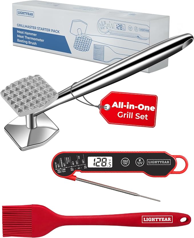 Lightyear Grillmaster Starter Kit – 3-Piece Stainless BBQ Set | Grill tools gift set with meat tenderizer, instant-read thermometer and silicone basting brush – bbq kit for outdoor grill