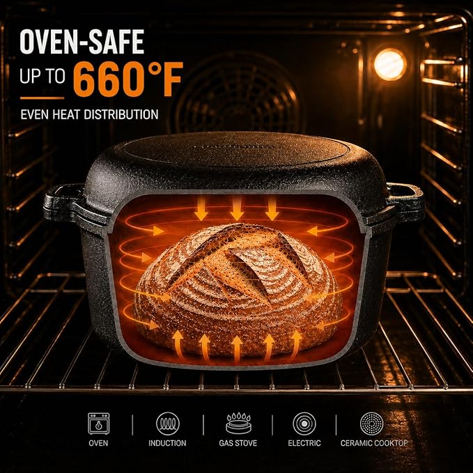 Overmont 5QT Double Dutch Oven - 2-in-1 Pre-Seasoned Cast Iron Pot & Recipe | Skillet Lid Doubles as Frying Pan, Heavy Duty Cast Iron Pot with Handle Covers, for Sourdough Baking Frying Outdoor Camping