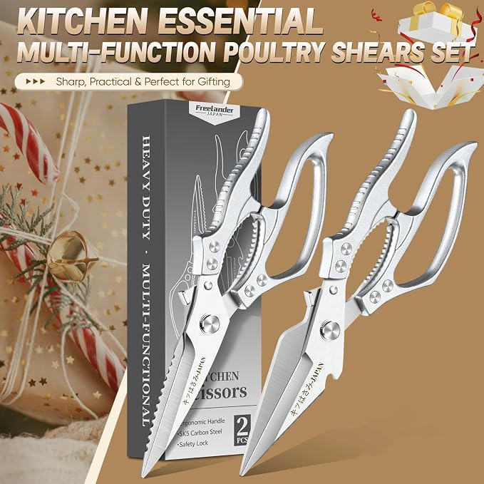Freelander Poultry Shears Set Silver, All Purpose Heavy Duty Kitchen Shears | Japanese Kitchen Scissors for Food, Chicken, Meat, Fish, Vegetables with Ergonomic Non-Slip Handle, Gifts for Women Men