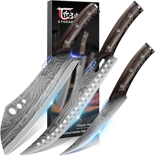Butcher Knife Set, 3 PCS Kitchen Knives Set for Cutting, Meat Cleaver Chef Knife Set, Japanese Style High Carbon Steel Knives Set, Chopping & Slicing & Boning for Home and BBQ, Gift for Men