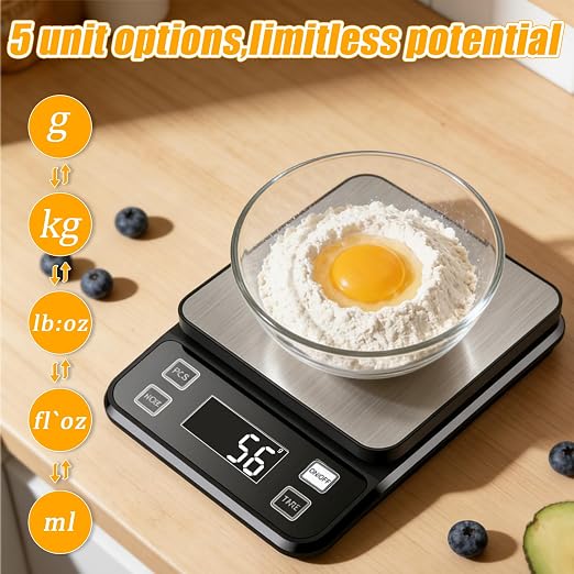 Waterproof Kitchen Scale, 5kg/11lb Food Scale Precisely Measures Grams and Ounces for Baking and Cooking, Stainless Stee Digital Scale with LCD Display Backlight for Food