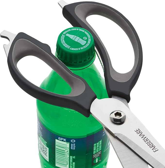 Farberware 4-in-1 Kitchen Shears with Sheath, High-Carbon Stainless Steel Scissors with Bottle Opener, Jar Opener and Screwdriver, Grey and Black Ergonomic Handle