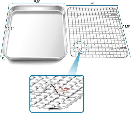 TeamFar Baking Tray with Rack, 12.5 x 10 x 1 Inch Stainless Steel Toaster Oven Baking Pan with Grid Rack for Baking Roasting Cooling, Healthy & Heavy-Duty, Oven & Dishwasher Safe, 2pcs