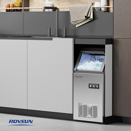 ROVSUN Commercial Ice Maker 110lbs/24h Automatic Built-in Stainless Steel Under Counter/Freestanding Ice Machine for Restaurant Bar with 24lbs Storage, Connection Hoses & Ice Scoop