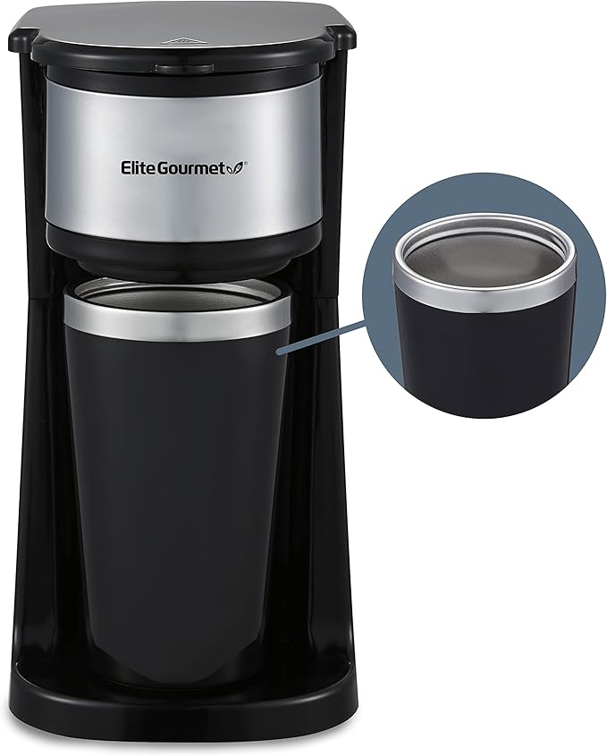 Elite Gourmet EHC112 Personal Single-Serve Compact Coffee Maker Brewer Includes 14Oz. Thermal Travel Mug with Stainless Steel Interior, Compatible with Coffee Grounds, Reusable Filter, Black