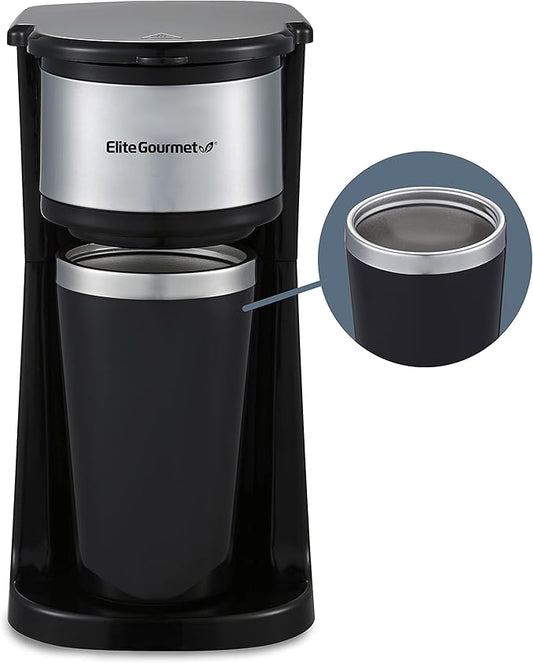 Elite Gourmet EHC112 Personal Single-Serve Compact Coffee Maker Brewer Includes 14Oz. Thermal Travel Mug with Stainless Steel Interior, Compatible with Coffee Grounds, Reusable Filter, Black