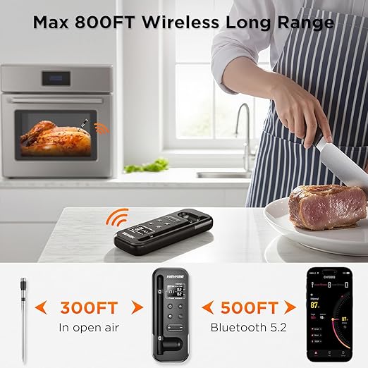 Bluetooth Meat Thermometer with Smart APP, 800FT Wireless Range & LCD Base, Rechargeable Probe, Digital Food Thermometer for BBQ, Grill, Chefs, Air Fryer, Gifts for Men Dad