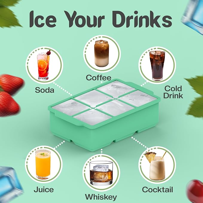 KitchFort® Large Silicone Ice Cube Tray (3-Pack), Easy Release 2" Big Ice Cubes - Cocktail, Whiskey Ice Cubes Mold - Ice Trays for Freezer with Lid - Stackable Silicone Ice Tray - Green