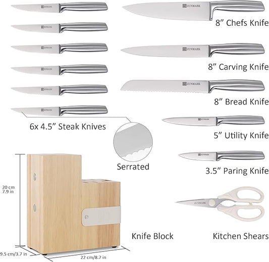 Professional 13 Piece Knife Block Set with Magnetic, Sharp Chef Knife Set, Ideal for Home and Restaurants, Silver