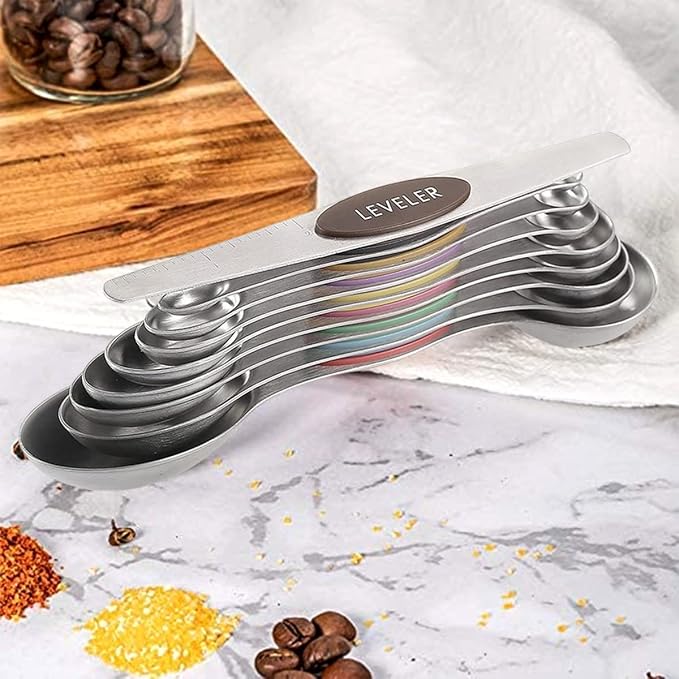 19-Piece Magnetic Measuring Cups and Spoons Set with Lid | BPA-free, dishwasher safe kitchen gadgets. Includes 1 lid, 9 nested cups & 9 magnetic spoons for liquid or dry food.