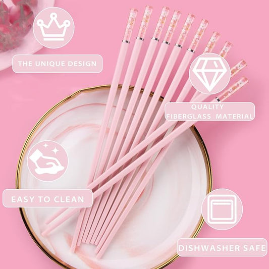 Pink Fiberglass Chopsticks, Reusable, Dishwasher Safe, Non-slip, 5 Pairs | Premium Japanese Chinese Sakura Design, Lightweight, 9.6 inches, Food-Grade, Durable, Heat-Resistant for Sushi Ramen