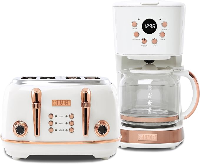 Haden Heritage 4 Slice Wide Slot Stainless Steel Toaster Bundled with 12 Cup Programmable Drip Coffee Maker Coffee Machine, Ivory & Copper