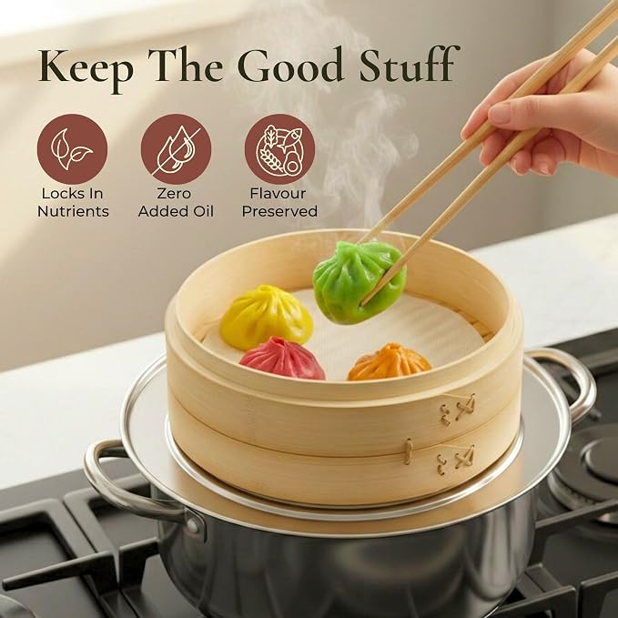 Bamboo Steamer Basket 8-Inch, 2-Tier Dumpling Steamer Cooking | Incl. Silicone Liners, Sauce Dish, Chopsticks - Small Steam Baskets - Food, Dim Sum, Bao Bun, Rice, Momo, Rice, Vegetables