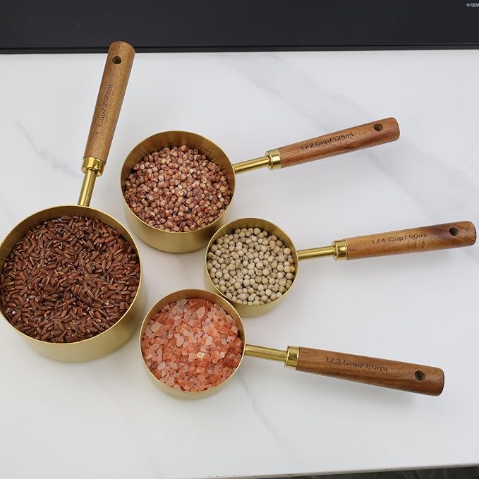 1/3 Cup Stainless Steel Measuring Cup with Wooden Handle, 80ml | Gold Metal Measuring Scoop, 80ml Measuring Spoon, For Baking, Cooking, Wet and Dry Ingredients
