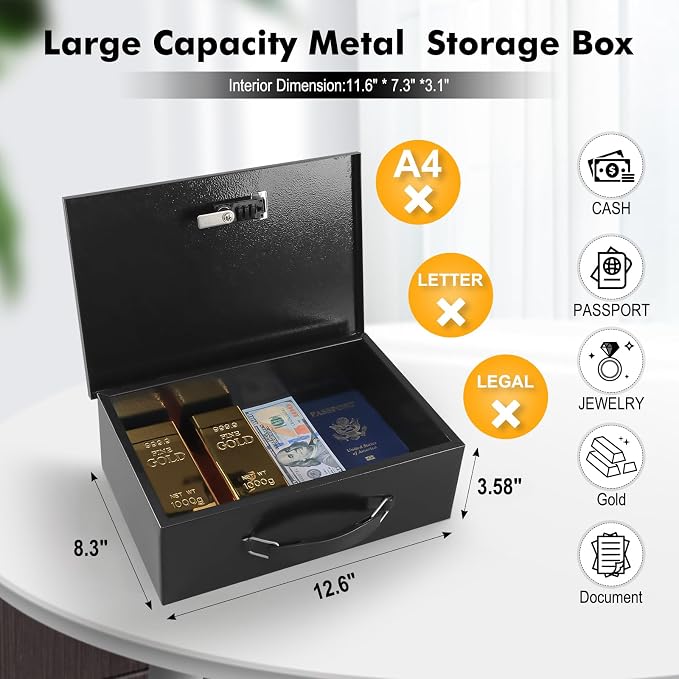 KYODOLED Fireproof Lock Box for Documents, Dual Combination and Key Lock Security with Carrying Handle, Metal Strong Safe Box to Keep Personal Items,Documents, Exterior 12.6" x 8.3" x 3.58", Black