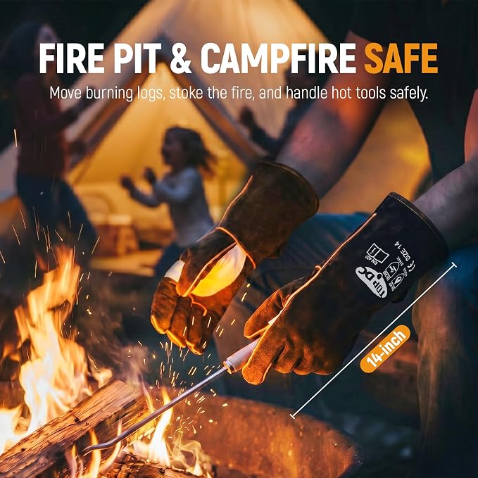 TOPDC Welding Gloves 14 Inch, 482°F Heat Resistant Leather Gloves for Fireplace BBQ Grill Fire Pit Campfire Wood Stove, Kevlar Stitching CE Certified, MIG Stick Forge Furnace Oven Animal Handling