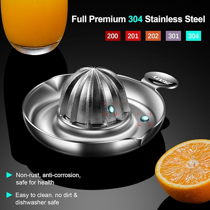 Lemon Squeezer Stainless Steel, Ultra Heavy Duty Manual Hand Juicer | Premium Citrus Reamer Juicer, Lime Orange Fruit Squeezer, 12 Scraping Teeth, 200ML Container, 2 Pour Spouts, Dishwasher Safe