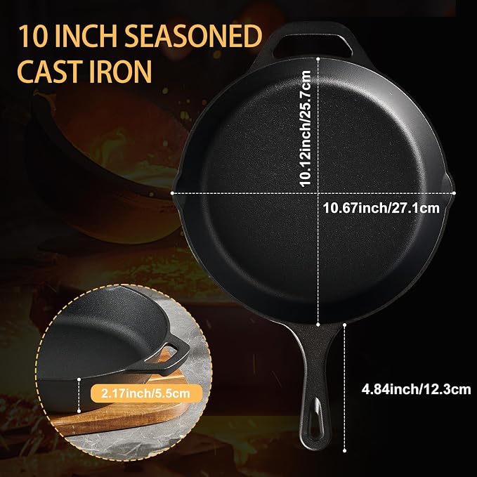 EWFEN Cast Iron Skillet 10 Inch, Pre-Seasoned Frying Pan, Heavy-Duty Professional Restaurant Chef Quality Cookware with Drip Spout, Indoor & Outdoor Use, Compatible with Oven, Stove, Grill & Campfire