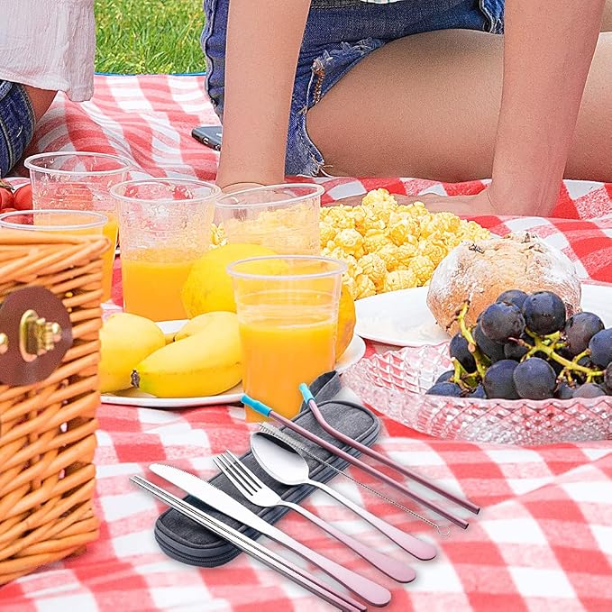 Travel Utensils Set with Case Reusable Portable Cutlery Set Stainless Steel 8pcs Including Dinner Knife Fork Spoon Chopsticks straws(Gradient Pink)