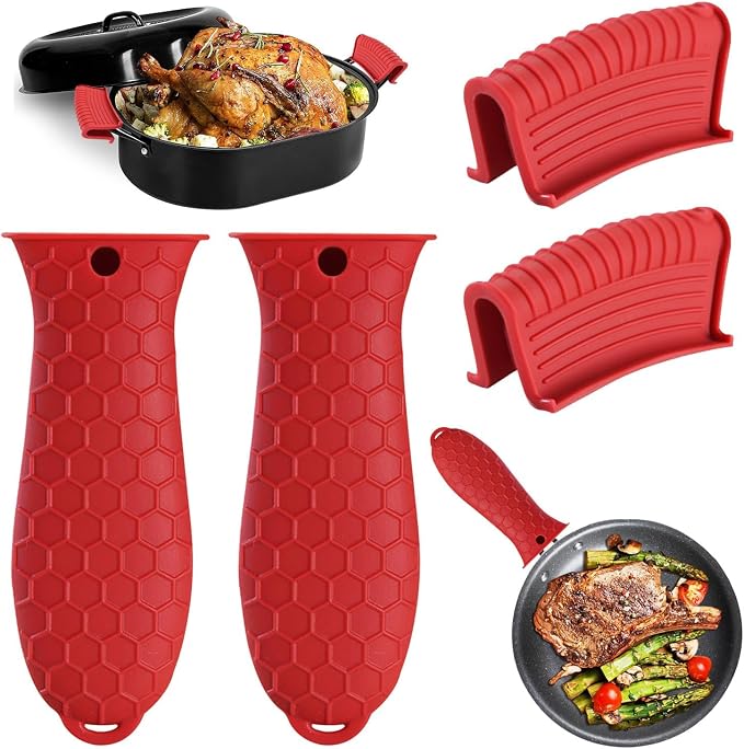 4 Pack Silicone Hot Handle Holder Cover Cast Iron Handle Cover Silicone Pot Holders Heat Resistant Assist Pan Handle Sleeve Non-Slip Pot Handle Covers for Cast Iron Skillet Metal Pan(Red)