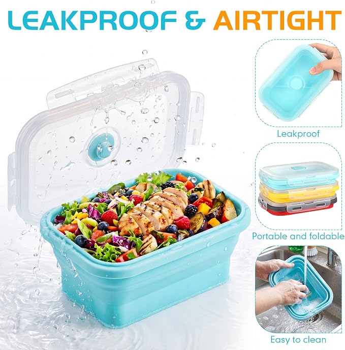 Set of 8 Silicone Collapsible Bowls for Camping with Vent Lid Silicone Storage Containers for Food Meal Preparation Square Bowl Microwave Freezer Dishwasher Safe (Candy Color,17 Oz/ 500 ml)