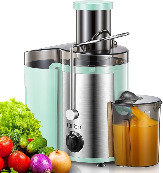 QCen Juicer Machine 500W Centrifugal Juicer with Extra Wide Feed Chute | For Fruits And Vegetables, Stainless Steel, BPA-Free Parts, Easy To Clean, Aqua, Compact Countertop Juicer