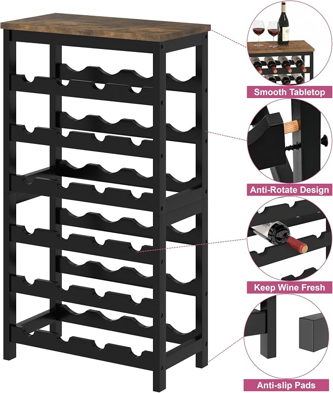 MOGELAFOO 6 Tier Bamboo Wine Rack Freestanding Floor, 24 Bottles Wine Storage Shelves with Table Top, Stackable Wine Display Rack for Kitchen, Bar, Dining Room, Rustic Brown and Black