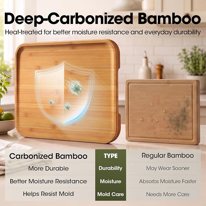 Bamboo Cutting Board Set of 3 with Stand, Non-toxic | Deep-Carbonized FSC-Certified Bamboo | 3 Large Sizes, Reversible prep & Serving Sides, Sloped Groove & Corner Sauce Well