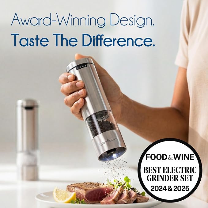 Latent Epicure Electric Salt and Pepper Grinder Set, USB-C Rechargeable | Stainless steel mills with LED light, Adjustable ceramic grinders, One-handed use, Rest tray & gift box included