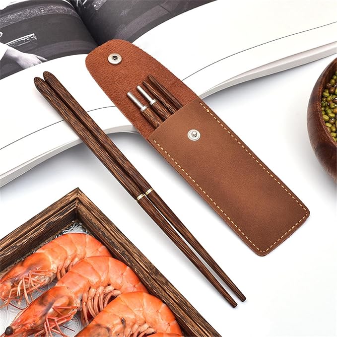 Foldable Chopsticks Travel Friendly Chopsticks with Leather Case Wood Tablewares Convenient Utensils for Outdoor Use, 20.8CM