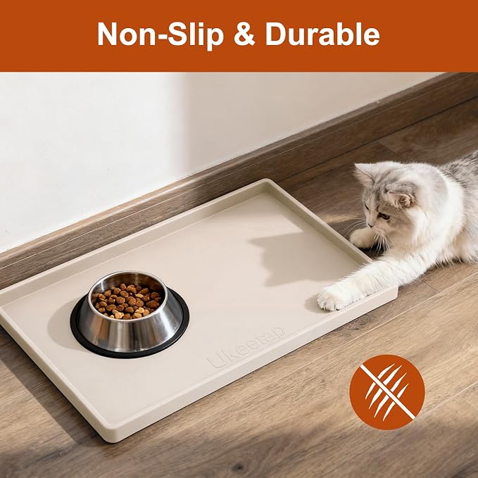 ukeetap 19" x 12" Extra Thick Silicone Mat Waterproof with Raised Edge, BPA Free Non-Slip Dog & Cat Food Mat, Feeding Mat for Food and Water Bowls, Spill Proof Mat to Protect Floors, Beige
