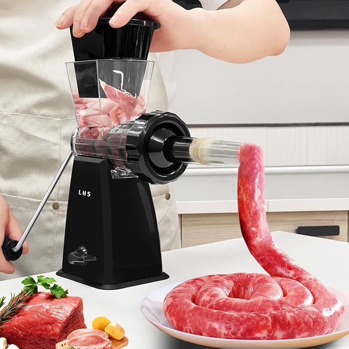 Manual Meat Grinder with Stainless Steel Blades Heavy Duty Powerful Suction Base for Home Use Fast and Effortless for All Meats-Black