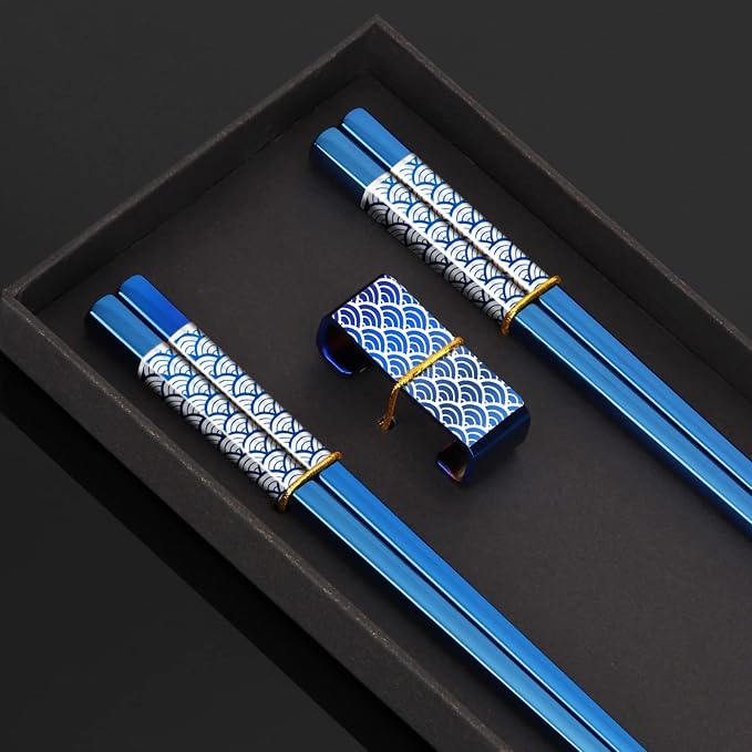 Reusable Titanium Plated Stainless Steel Chopsticks with Holder, Dishwasher Safe Lightweight Japanese Style Chopsticks Gift Set (Blue)