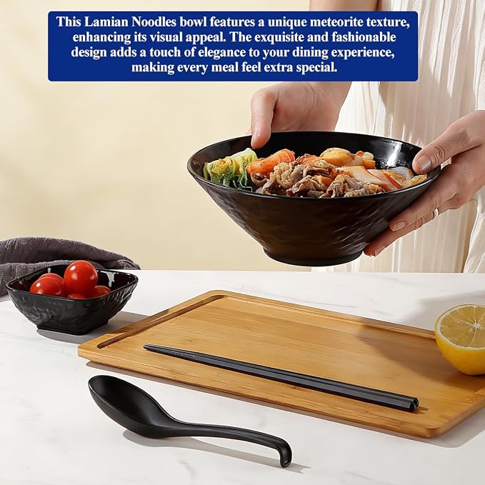 Berglander Ramen Bowl Set 40 oz of 4 with Dipping Bowls Chopsticks Spoons, Unbreakable Japanese Style Plastic Noodle Soup Bowls for Asian Pho Soup Thai Miso Udon Wonton