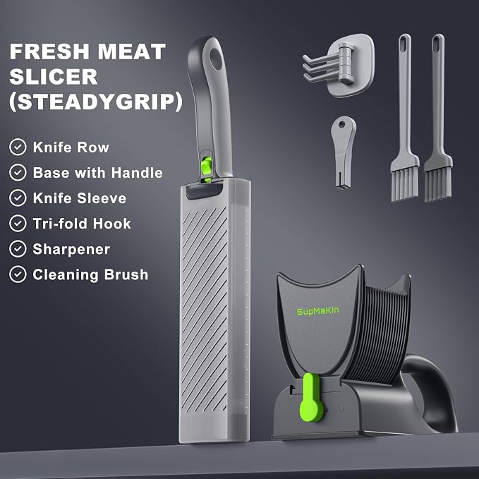 SupMaKin Fresh Meat Slicer with SteadyGrip, Adjustable 2/4 mm, 17 IN 1 | Stainless Steel Manual Meat Cutter, Cleaver Kitchen Knife, Jerky Slicer Suit for Chicken Breast Beef Pork
