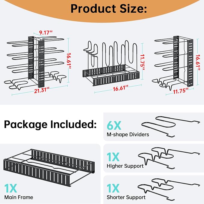 MUDEELA 8-Tier Lightweight pot and pan organizer for under cabinet, 16.6" H | 3 DIY Methods, Holds up to 12-inch cookware neatly, Adjustable Pot Pan Rack, Pot Lid holder for Kitchen, Easy Assembly