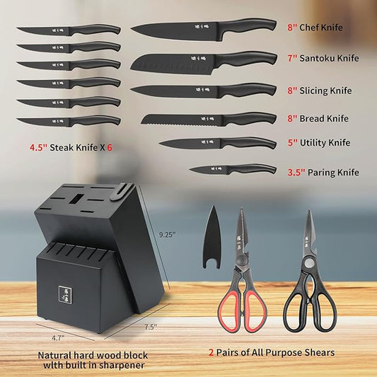 ZHANG XIAO QUAN SINCE 1628 15Pcs Knife Sets with Block, knife sets for kitchen with block High Carbon Stainless Steel Built-in Sharpener(Black)