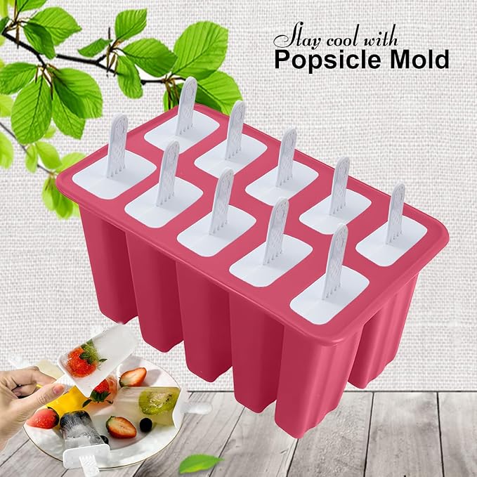 Silicone Popsicle Molds 10 Pcs Ice Pop Maker Molds with 10 Reusable Sticks, Cleaning Brush and Funnel - Homemade Easy-Release Reusable Popsicle Moulds Shapes (Red)
