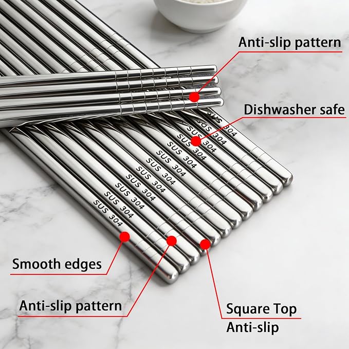 15 Pairs Metal Square Chopsticks, 8.8" Reusable Chopsticks for Cooking | Lightweight, Non-Slip, Dishwasher Safe, Stainless Steel 304