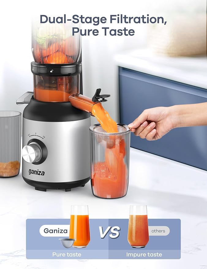 Ganiza Cold Press Juicer Machines, 4.06" Wide Feed Chute, High Juice Yield | Slow Masticating Extractor for Whole Fruits & Vegetables, 3 Replaceable Filters, Ultra-Quiet Motor, Easy to Clean, BPA-Free