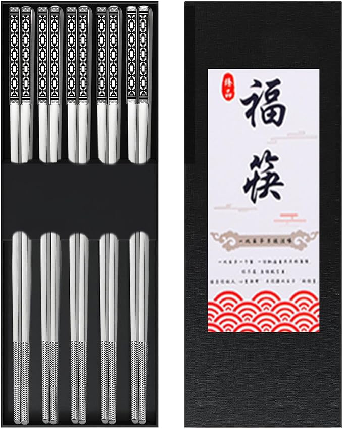 Metal Chopsticks Reusable,Stainless Steel,Dishwasher Safe,5 Pairs,Silvery | Gift Box Set,Square,Lightweight, Non-Slip,Laser Engraved Patterns No fade