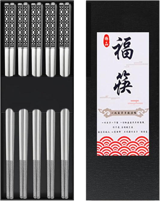 Metal Chopsticks Reusable,Stainless Steel,Dishwasher Safe,5 Pairs,Silvery | Gift Box Set,Square,Lightweight, Non-Slip,Laser Engraved Patterns No fade