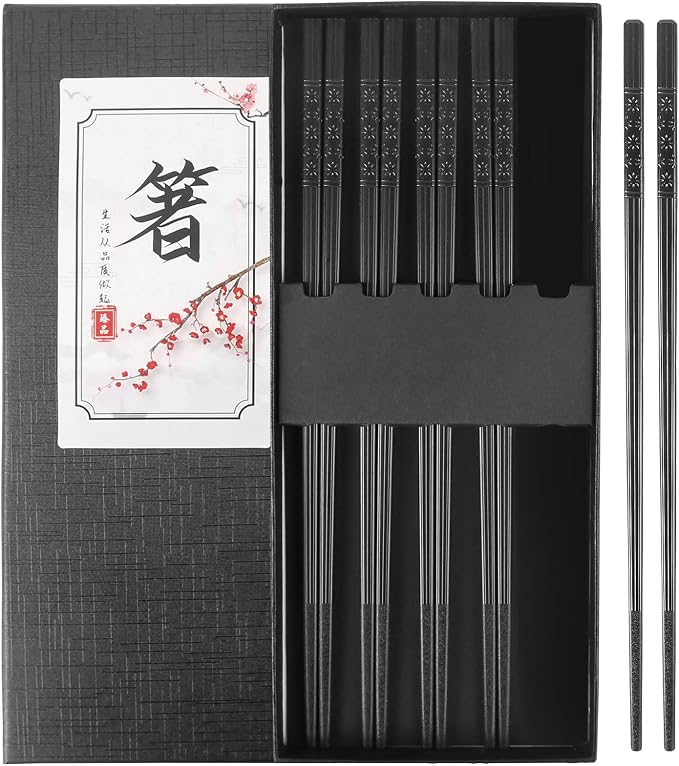 Fiberglass Chopsticks Reusable Set, 5 Pairs Black Gift-Boxed – Premium Non-Slip, Dishwasher Safe, Heat-Resistant 9.5 Inch Chop Sticks for Sushi, Ramen, Asian Dining